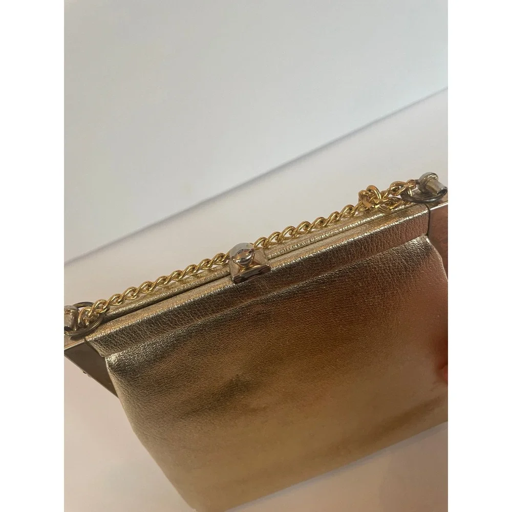 Vintage Gold Metallic Evening Bag Kiss Lock Chain Strap Formal‎ Clutch Handbag